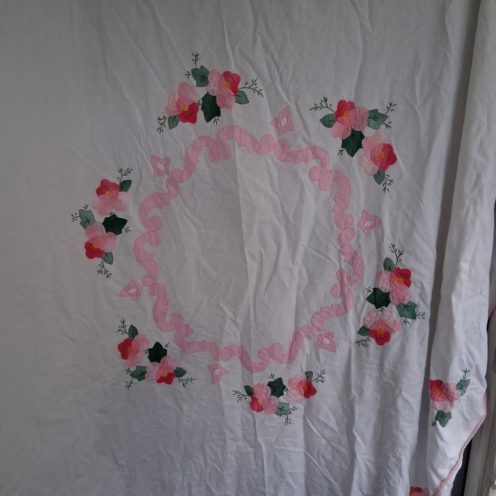 Vintage Cottagecore Floral Embroidered Tablecloth White Pink 64" EVC